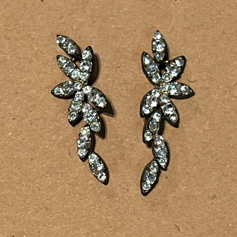 Rhinestone Leaf Vine Cascade Dangle Post Earrings Gunmetal Tone